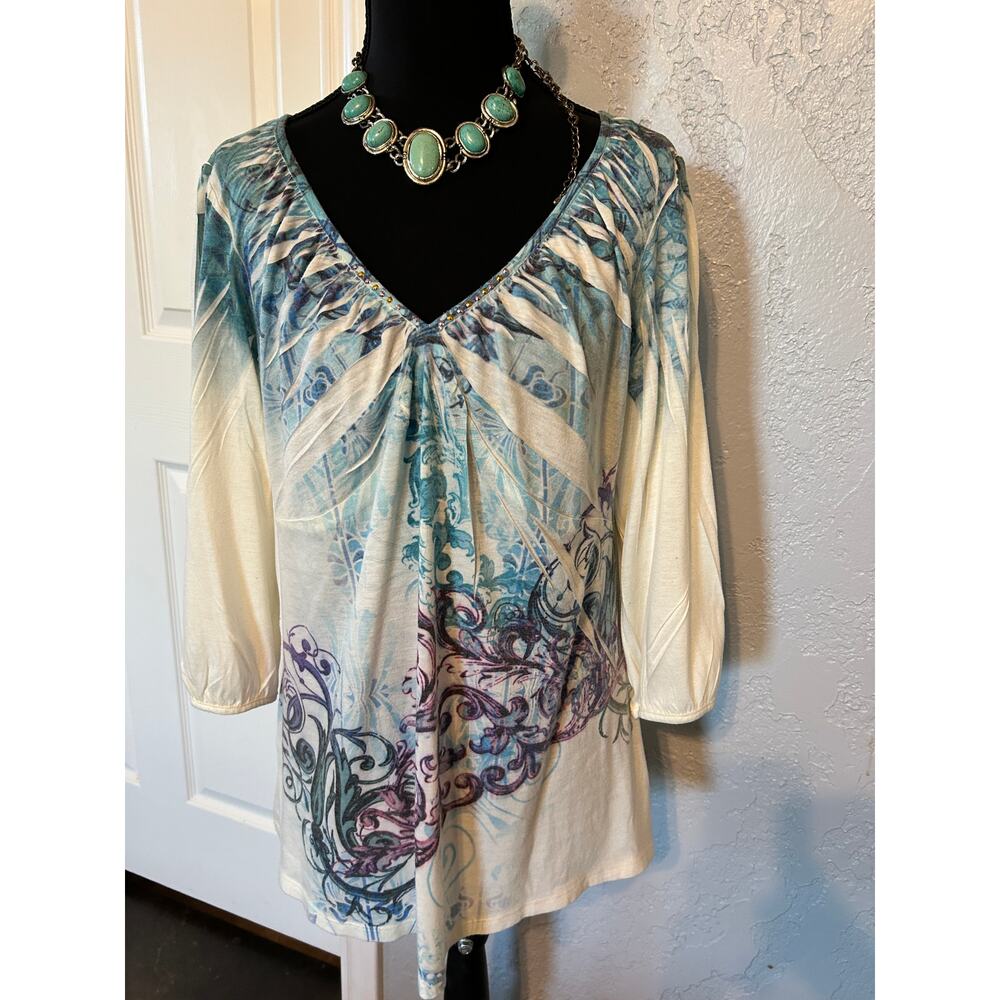 Style & Co. Blue Scroll Abstract V-Neck Embellished Top - Size L - EUC - Picture 2 of 7